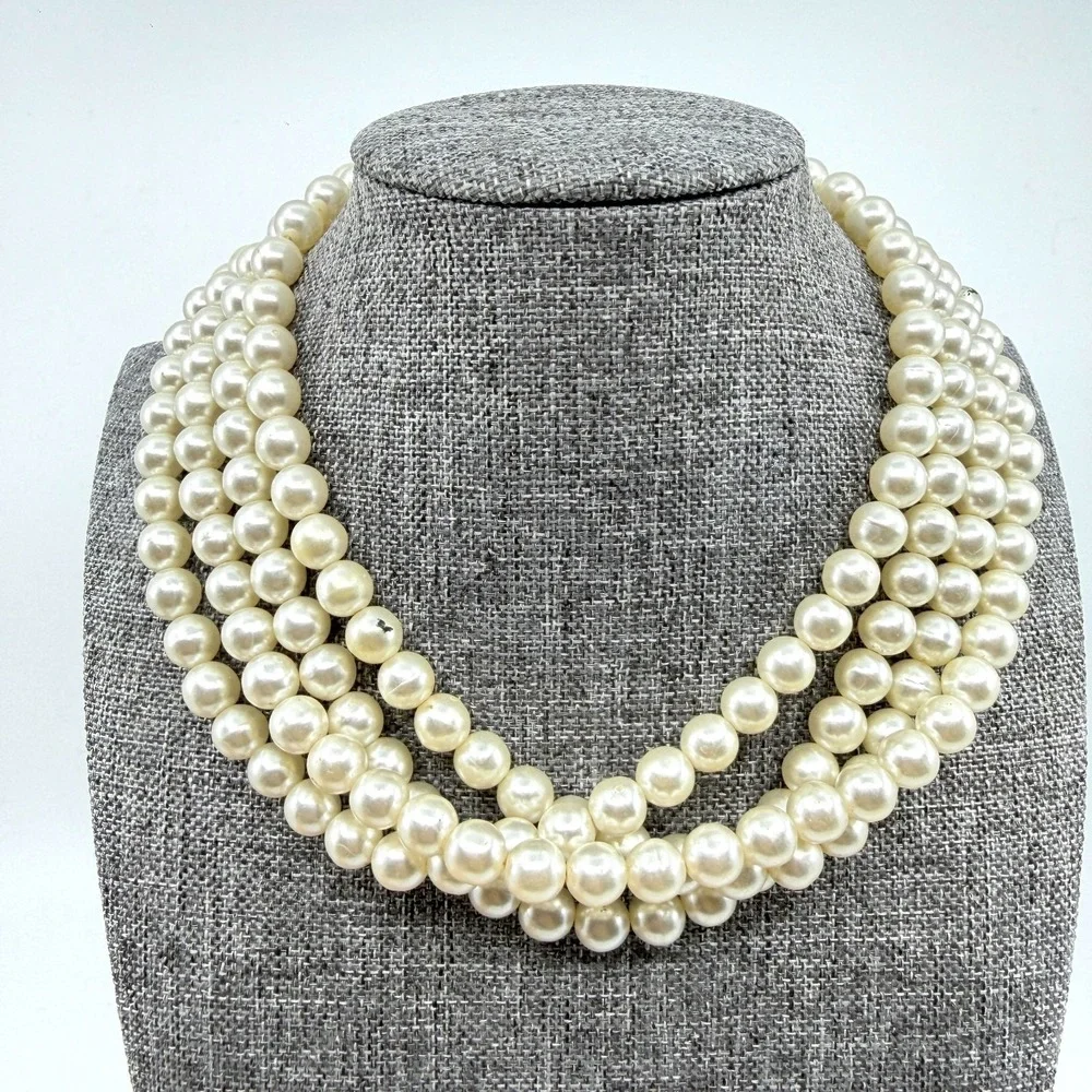 Cream Faux Pearl Multi Strand Necklace Chunky Coquette Statement Wedding Gift